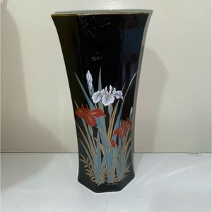 Vintage Black Ceramic Japanese Floral Vase